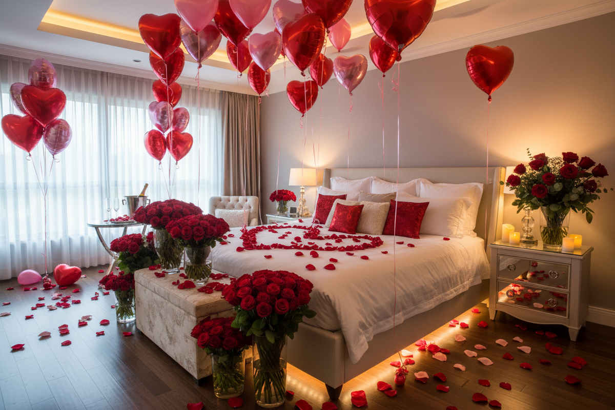 Shenvalentin Dekor me Trendafila te Kuq dhe Tollumbace me helium