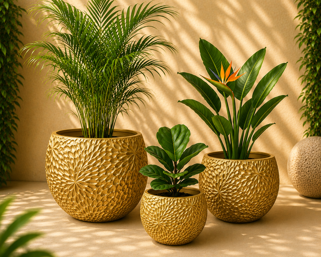 Vazo dekorative premium gold me bimë natyrale Areca Palm, Strelitzia dhe Ficus Lyrata, perfekte për dekorimin e shtëpisë, zyrës, restoranteve dhe hoteleve.