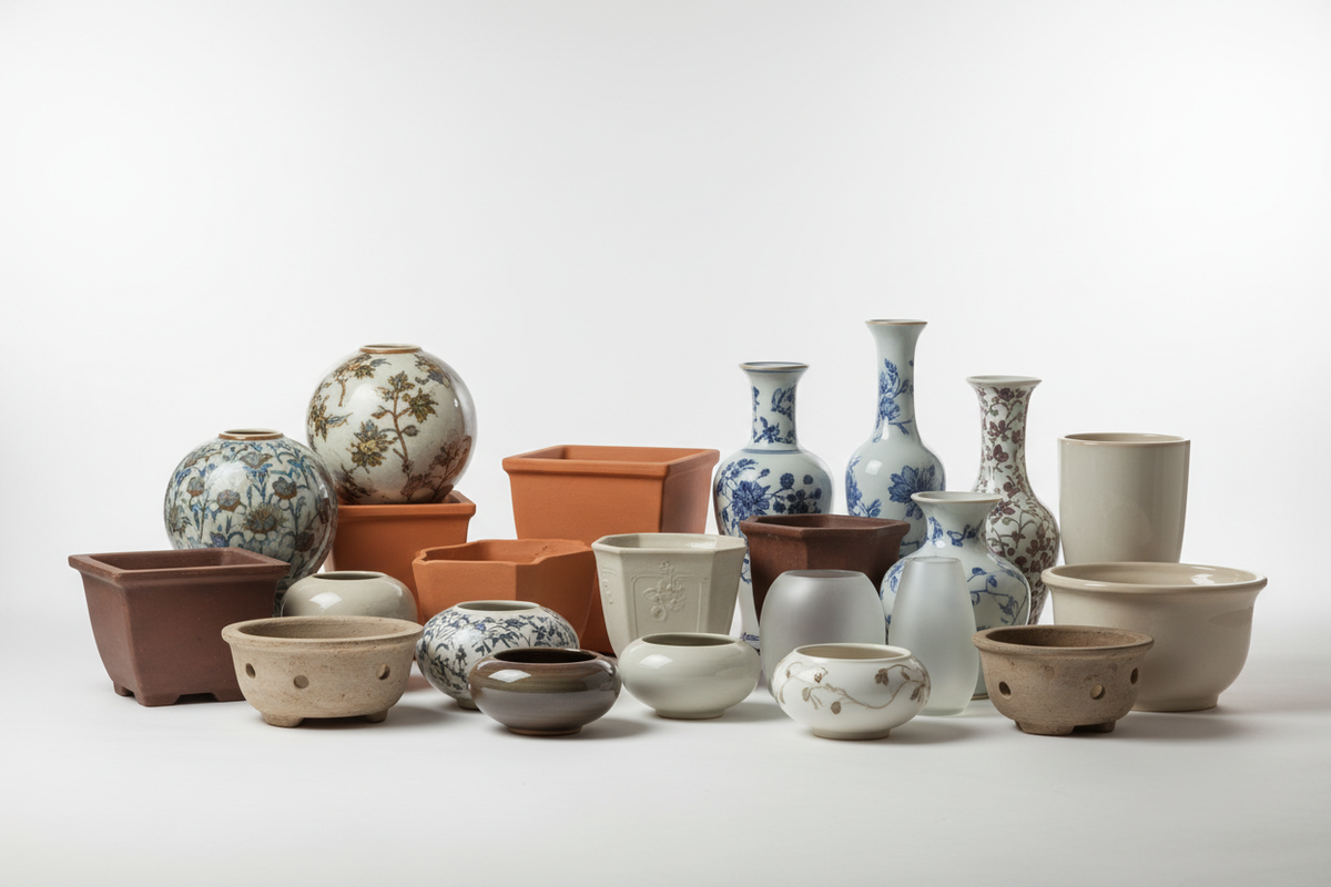 vazo te ndryshme rrethore, katrore, te gjata, te shkurtra, vazo bonsai, vazo orkide etj